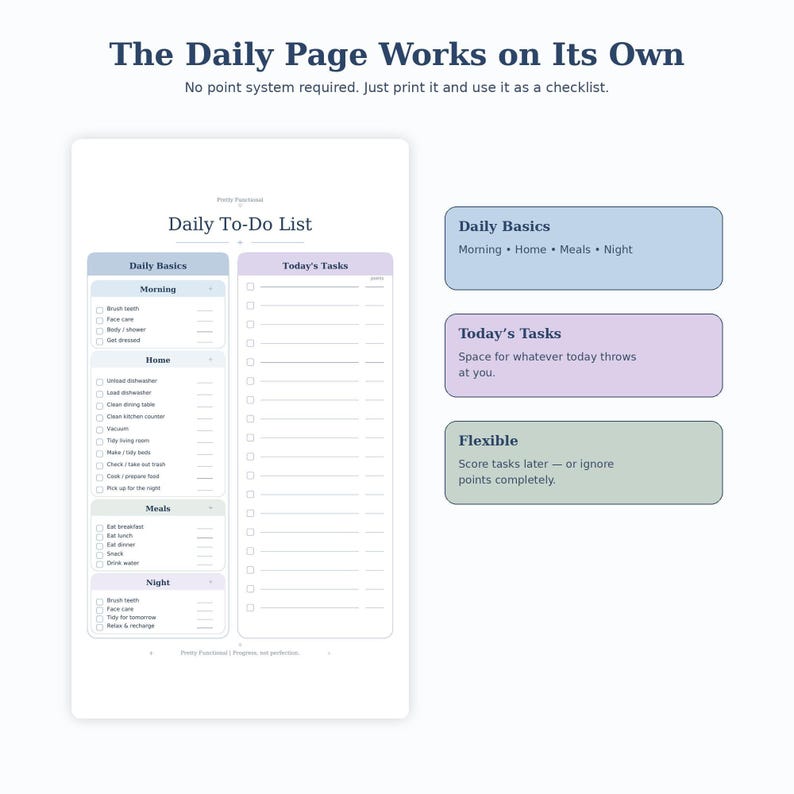 A product detail graphic showing the Daily To-Do List page on the left and three explanatory text boxes on the right.