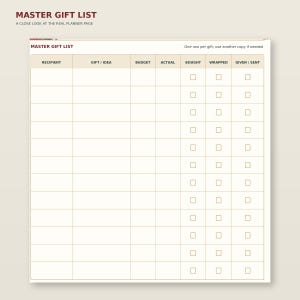 Enlarged detail of Christmas Gift Planner page 1: Master gift list; readable original table and writing areas.