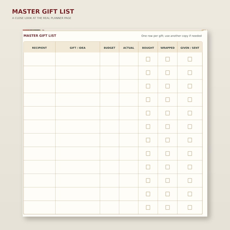 Enlarged detail of Christmas Gift Planner page 1: Master gift list; readable original table and writing areas.