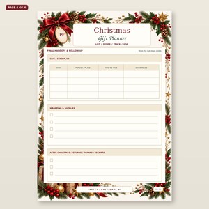 Christmas Gift Planner page 4 shown straight and large: Final handoff & follow-up, with the actual printable layout and Pretty Functional NL branding.