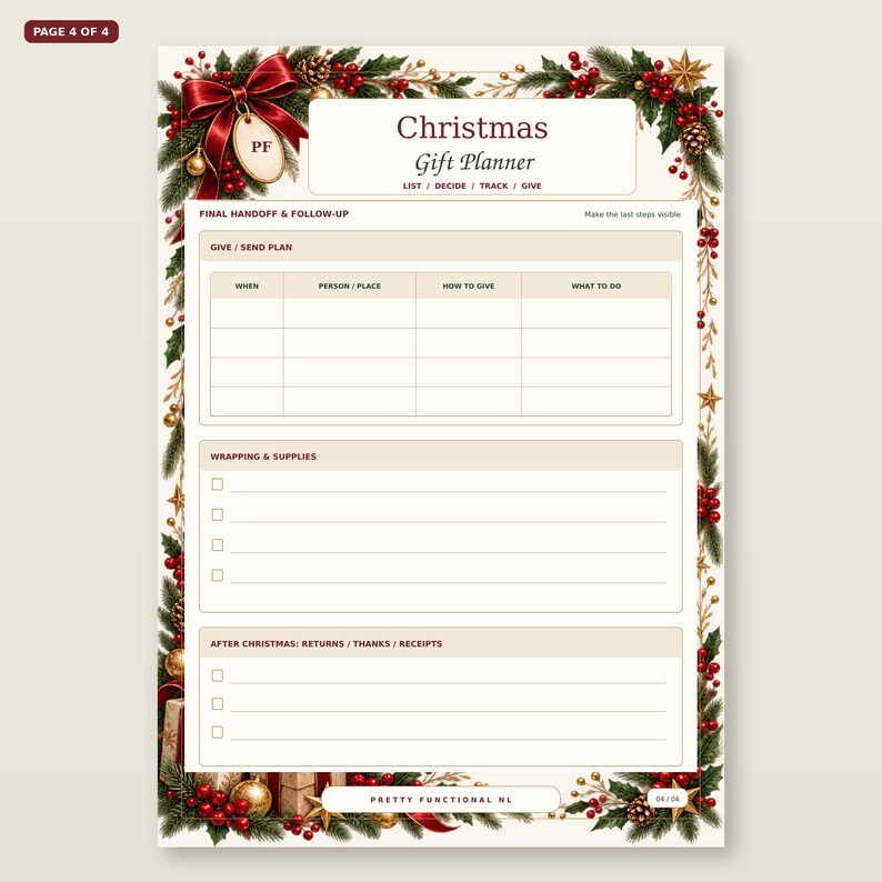 Christmas Gift Planner page 4 shown straight and large: Final handoff & follow-up, with the actual printable layout and Pretty Functional NL branding.