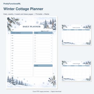 Winter Cottage Planner. Exact pages from the buyer PDF, with enlarged readable previews. Digital download by PrettyFunctionalNL.