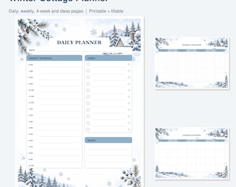 Weekly Planner Printable & Fillable PDF | Winter Cottage and Hourly Daily Schedule