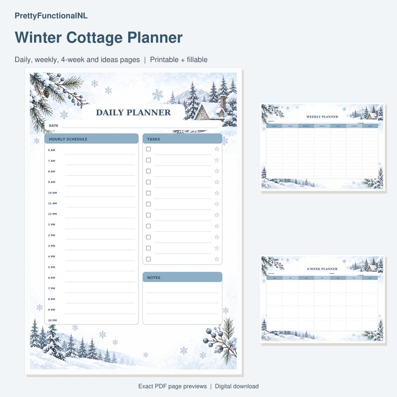 Winter Cottage Planner. Exact pages from the buyer PDF, with enlarged readable previews. Digital download by PrettyFunctionalNL.