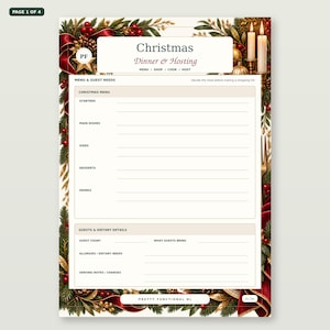 Christmas Dinner & Hosting Planner page 1 shown straight and large: Menu & guest needs, with the actual printable layout and Pretty Functional NL branding.