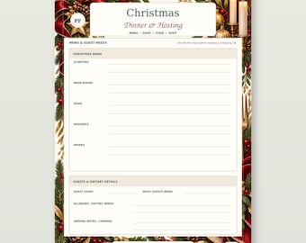 May include: A Christmas dinner and hosting planner sheet featuring a festive border of pine branches, red berries, and gold ornaments. The document includes sections for a menu, guest count, dietary needs, and notes, with two lit candles at the top.