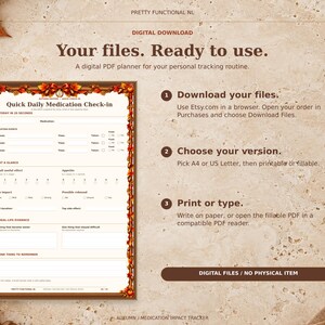 Autumn digital medication planner with a browser download guide, paper-size and file-version choices, and print or fill instructions. Digital files only; no physical item.