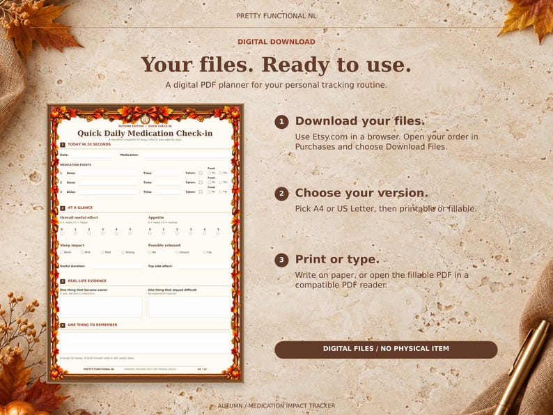 Autumn digital medication planner with a browser download guide, paper-size and file-version choices, and print or fill instructions. Digital files only; no physical item.