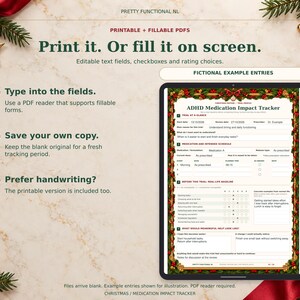 Christmas fillable medication tracker shown on a tablet mockup with clearly labelled fictional example entries. The downloaded PDFs are blank and require a compatible PDF reader.