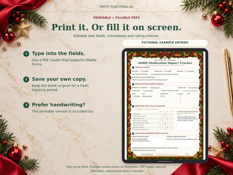 Christmas fillable medication tracker shown on a tablet mockup with clearly labelled fictional example entries. The downloaded PDFs are blank and require a compatible PDF reader.