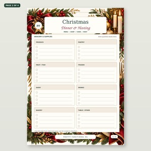 Christmas Dinner & Hosting Planner page 2 shown straight and large: Grocery & supplies, with the actual printable layout and Pretty Functional NL branding.