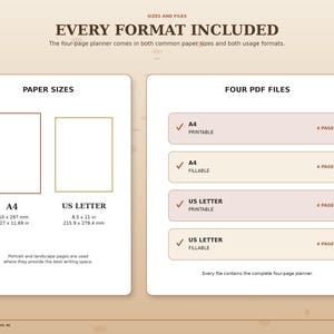 Autumn planner digital download includes A4 and US Letter sizes with printable and fillable PDF versions, four pages included in every file.