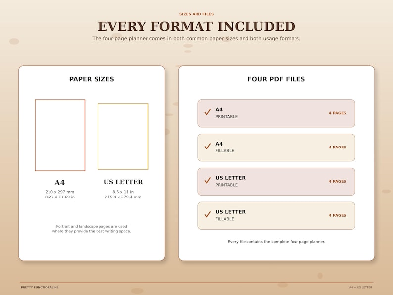Autumn planner digital download includes A4 and US Letter sizes with printable and fillable PDF versions, four pages included in every file.