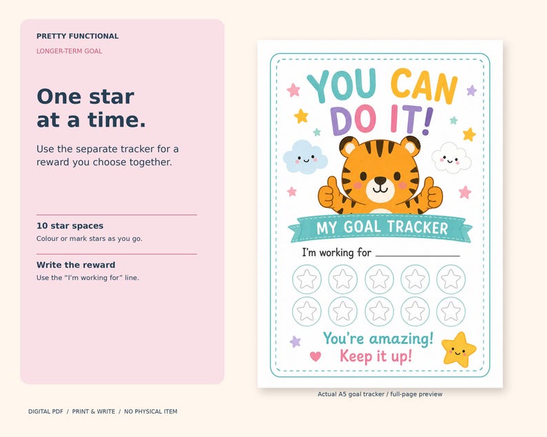 Full A5 You Can Do It goal tracker with tiger illustration, ten stars and an I’m working for reward line.