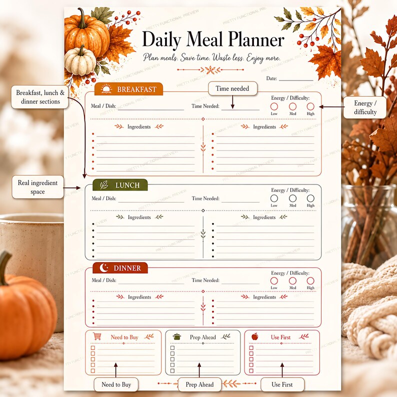 A close-up shot of the daily meal planner sheet with callout boxes pointing to the breakfast, lunch, dinner, and ingredient sections.