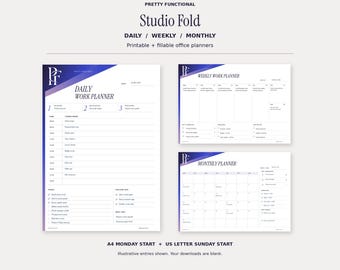 May include: A set of printable and fillable office planners titled Pretty Functional Studio Fold, including daily, weekly, and monthly layouts. The documents feature a blue gradient header with the PF logo, organized sections for tasks, schedules, and notes, available in A4 Monday start and US Letter Sunday start formats.