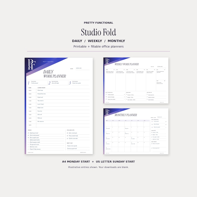 Studio Fold office planner collection showing filled daily, weekly and monthly pages. The printable and fillable PDFs include A4 and US Letter sizes. Sample entries are illustrative. Design uses cobalt and purple gradients and the PF monogram.