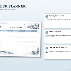 Snowy Cottage Four-Week Planner preview with a seven-column, four-row overview for 28 days, winter cabin illustration and room for dates.