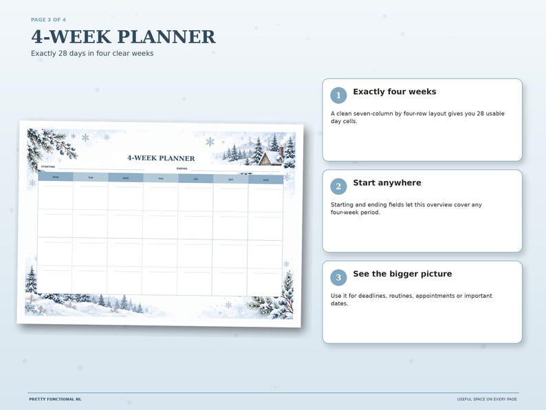 Snowy Cottage Four-Week Planner preview with a seven-column, four-row overview for 28 days, winter cabin illustration and room for dates.