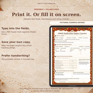 Autumn fillable medication tracker shown on a tablet mockup with clearly labelled fictional example entries. The downloaded PDFs are blank and require a compatible PDF reader.