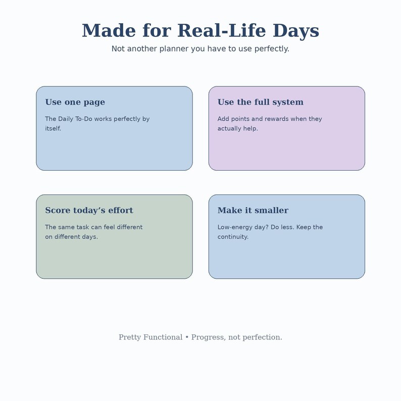 An informational graphic titled Made for Real-Life Days featuring four rounded rectangular text boxes with daily planning advice.