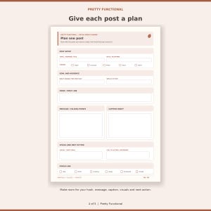 Detailed post planner page with hook, talking points, caption, visuals, call to action and status.