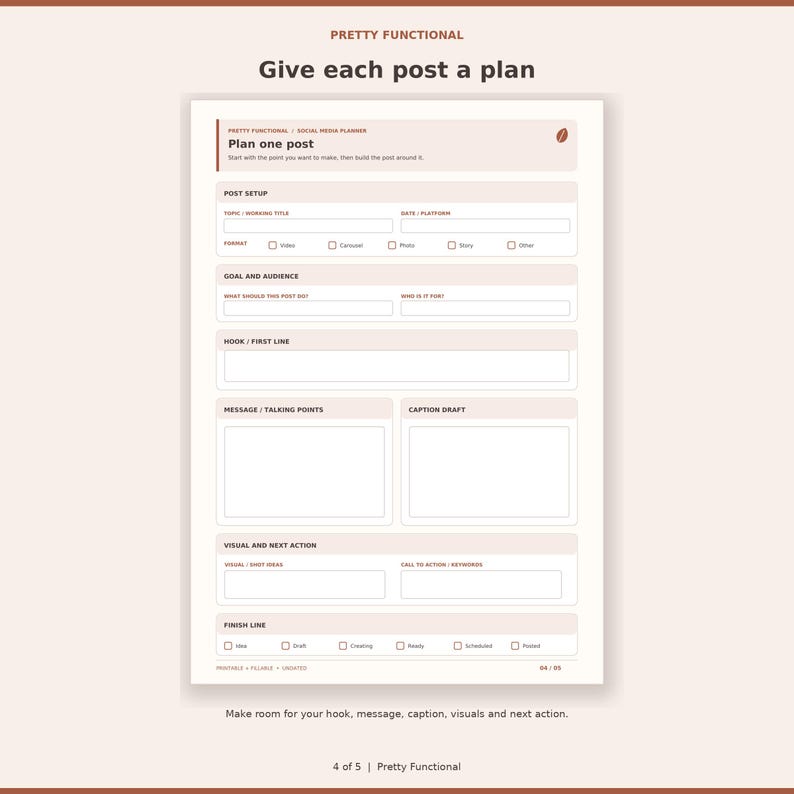Detailed post planner page with hook, talking points, caption, visuals, call to action and status.