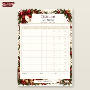 Christmas Gift Planner includes A4 and US Letter, each in printable and fillable PDF formats; four pages per file.