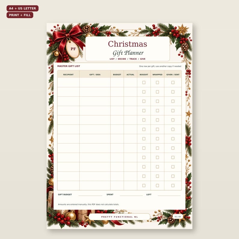 Christmas Gift Planner includes A4 and US Letter, each in printable and fillable PDF formats; four pages per file.