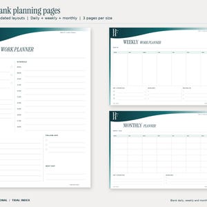 Blank Tidal Index daily, weekly and monthly planner pages, showing the three actual page designs supplied in each bundle. Weekly and monthly pages start on Monday in A4 and Sunday in US Letter. Design uses teal and petrol gradients and the PF monogram.