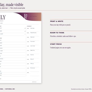 Editorial Arc daily printable planner with a November 2 workday example, top priorities, hourly schedule, tasks and follow-ups. Blue handwriting-style entries demonstrate print-and-write use. Design uses plum and copper gradients and the PF monogram.