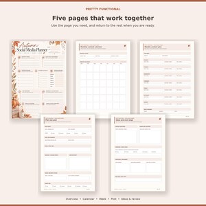 K&ouml;nnte beinhalten: Ein Set aus f&uuml;nf druckbaren Social-Media-Planer-Seiten mit herbstlichem Motiv aus Bl&auml;ttern und K&uuml;rbissen. Die Seiten enthalten Bereiche f&uuml;r Inhaltsideen, einen Monatskalender, einen Wochenplan, Beitragsdetails und &Uuml;berpr&uuml;fungsschritte.