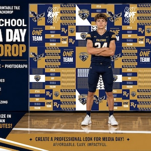 May include: A printable 244x122 cm high school media day backdrop featuring a repeating pattern of navy blue and gold squares with eagle logos, the text "ONE TEAM," "RUF RUF RUF," and "IT'S A GREAT DAY TO BE A FALCON" for sports photography.