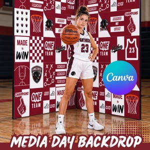 May include: A maroon and white basketball media day backdrop featuring repeating patterns of basketball hoops, jerseys with the number 23, the text Panthers, One Team, Made to Win, Earned Not Given, and Champions, with a basketball held in the center.