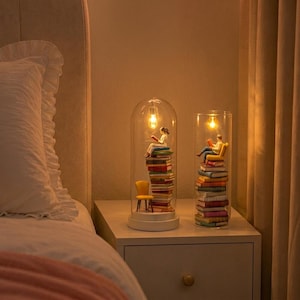 Könnte beinhalten: Zwei Glasglocken-Lampen mit warmem Innenlicht. Eine zeigt eine Miniaturfigur, die auf einem Bücherstapel mit einem gelben Stuhl liest. Die andere enthält eine Figur, die auf einem Bücherstapel mit einem gelben Sessel liest, beide auf weißen Sockeln.