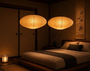 Set van 2 Japanse papieren lantaarns, Wabi Sabi hanglampen, Japandi plafonddecoratie, ovale hanglampen, warme sfeerverlichting voor thuis