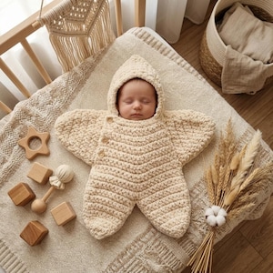 May include: A cream-colored, star-shaped crochet baby bunting with a pointed hood and three small wooden buttons along the side. The garment features a textured, ribbed knit pattern and is designed to fully enclose the body with long, pointed sleeves.