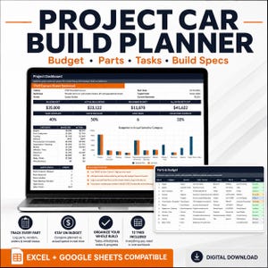 May include: A digital project car build planner displayed on a laptop screen and a tablet, featuring a dashboard with budget, parts, tasks, and build specs. The interface includes tables, bar charts, and status trackers for a 1969 Chevrolet Camaro build.