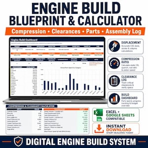 Puede incluir: Un plano y calculadora digital de construcción de motores en una pantalla de portátil. La interfaz incluye un panel de control de construcción, una calculadora de compresión y holgura, y gráficos de gastos de piezas. Compatible con Excel.