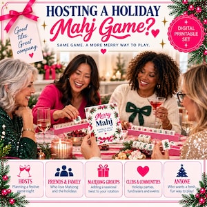 Może przedstawiać: Cyfrowy zestaw do druku na świąteczną grę w Mahj z tekstem Hosting a Holiday Mahj Game? Good tiles. Great company. Merry Mahj A Holly Jolly Way to Play. Obraz przedstawia osoby grające w grę przy użyciu płytek.