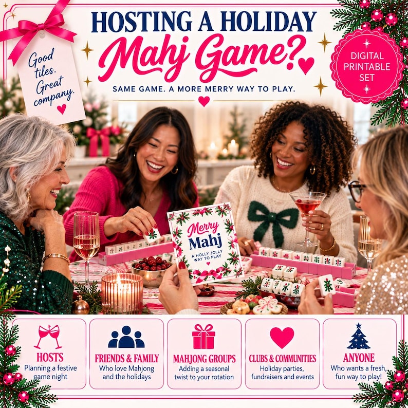 Może przedstawiać: Cyfrowy zestaw do druku na świąteczną grę w Mahj z tekstem Hosting a Holiday Mahj Game? Good tiles. Great company. Merry Mahj A Holly Jolly Way to Play. Obraz przedstawia osoby grające w grę przy użyciu płytek.