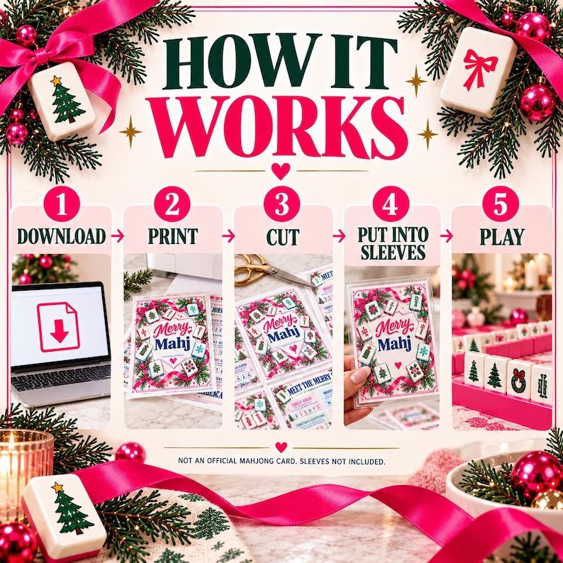 Może przedstawiać: Grafika instruktażowa zatytułowana HOW IT WORKS przedstawiająca pięć krok&oacute;w gry Merry Mahj: pobierz, wydrukuj, wytnij, wł&oacute;ż w koszulki i graj. Projekt zawiera r&oacute;żowe wstążki, gałązki świerkowe oraz płytki mahjonga.