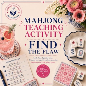 Pode incluir: Um kit de atividade didática de Mahjong digital imprimível intitulado Find the Flaw. O gráfico apresenta texto em rosa e azul, um copo com uma fatia de toranja, um arranjo floral, uma folha de pontuação e peças brancas de Mahjong.