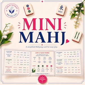 以下が含まれることがあります： Mini Mahj印刷キット。マージャンの役のルールが記載された三つ折りの説明カードには、一列、奇数、風と龍のセクションが含まれています。セットには3つの麻雀牌とスズランの花のアクセントが含まれています。