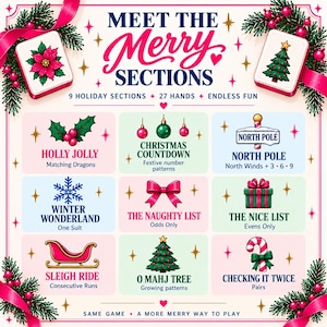 Może przedstawiać: Graficzny plakat zatytułowany MEET THE MERRY SECTIONS przedstawiający dziewięć kategorii gry w mahjonga o tematyce świątecznej. Każda sekcja zawiera świąteczną ikonę, taką jak sanie, laska cukrowa lub choinka, oraz opisy zasad.