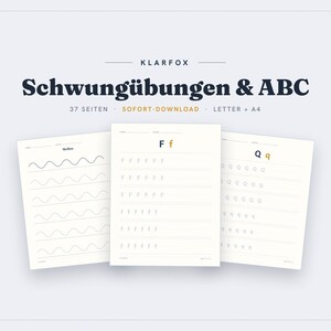 Puede incluir: Un conjunto de tres hojas de ejercicios educativos para caligrafía, con patrones de líneas onduladas y las letras F y Q en mayúsculas y minúsculas. El texto en la parte superior dice KLARFOX Schwungübungen & ABC, 37 SEITEN, SOFORT-DOWNLOAD, LETTER, A4.