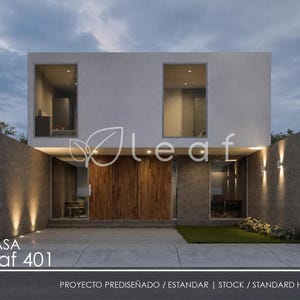 May include: A two-story modern house with a white upper level and a gray lower level featuring a large wooden door. The exterior includes vertical wall lighting, glass windows, and the text "01 CASA leaf 401" and "PROYECTO PREDISEÑADO / ESTANDAR / STOCK / STANDARD HOUSE PLAN".