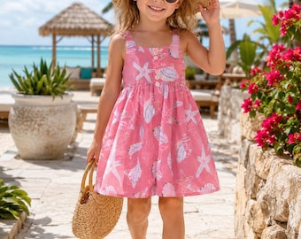 Vintage Rosa Muschel & Seestern Sommerkleid Sz 4 - 5 | Sommerkleid für Strandferien | Coastal Cottagecore Mädchenkleid