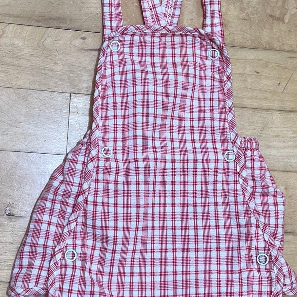 1960s Vintage Red Checked Vinyl Lined Sunsuit Sz 12-18M