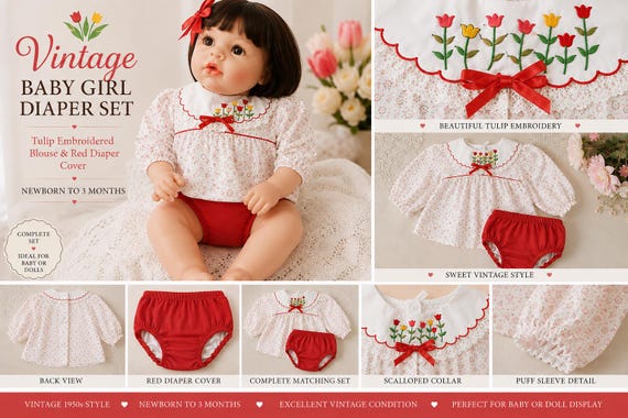Vintage Baby Girl Diaper Set Newborn 0-3M | Tulip Embroidered Blouse & Red Vinyl Diaper Cover | 1960s Nursery Outfit